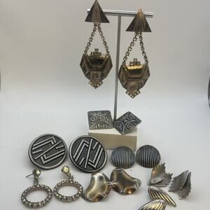 Brutalist Modernist 80s Mixed Metal Pierced Earrings Estate Costume Jewelry Lot